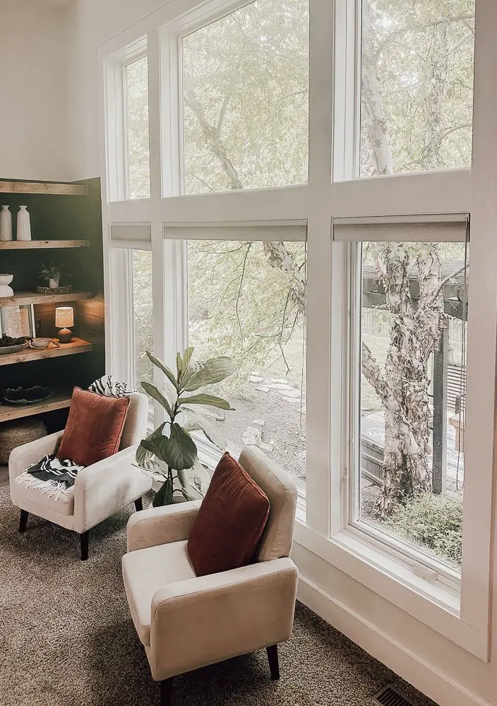 Living room with large picture windows.
