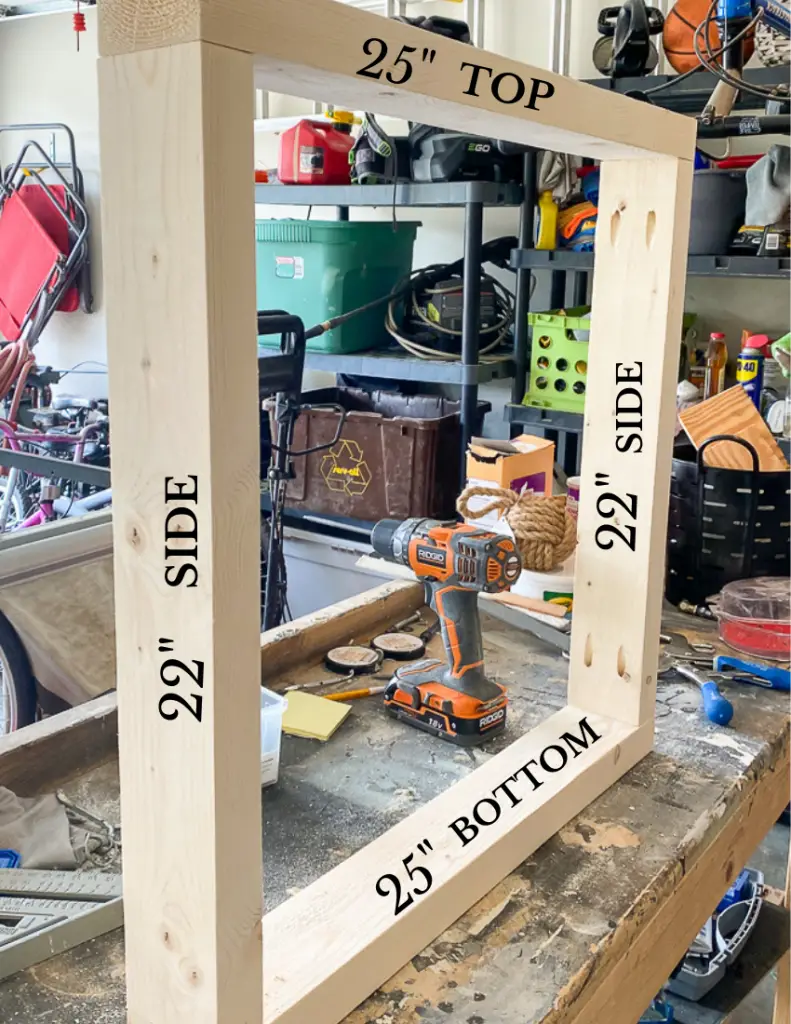 Four 2x4's jigged together for a DIY outdoor sectional sofa armrest.