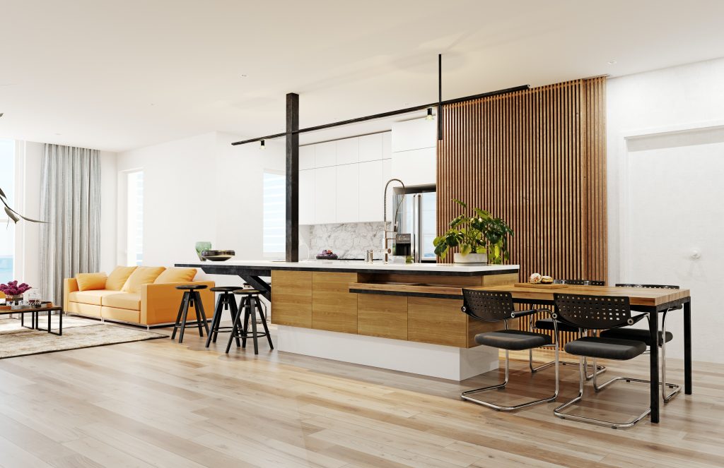 Very modern kitchen with lots of wood accents.
