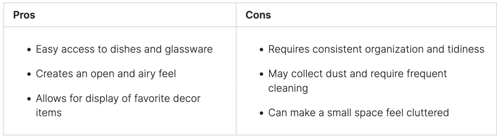 Pros and cons chart of open shelving for top home decor trends that are timeless.