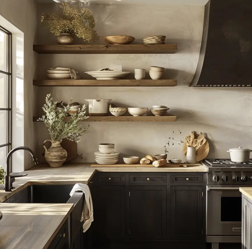 Taupe walls with dark kitchen cabinets.