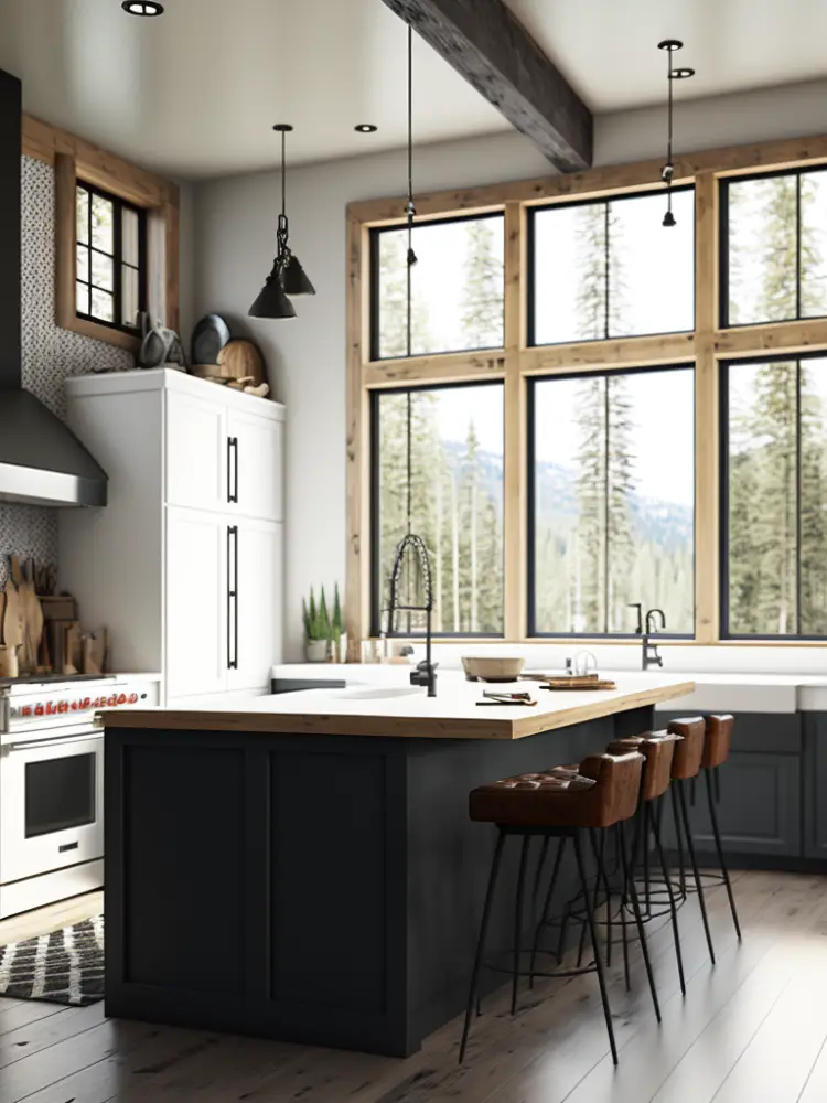 Large open kitchen with tall windows and a black center island.