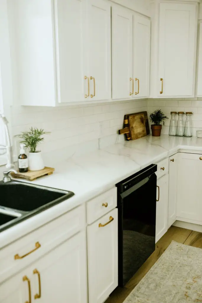All white kitchen with champagne bronze hardware and a plant on countertop