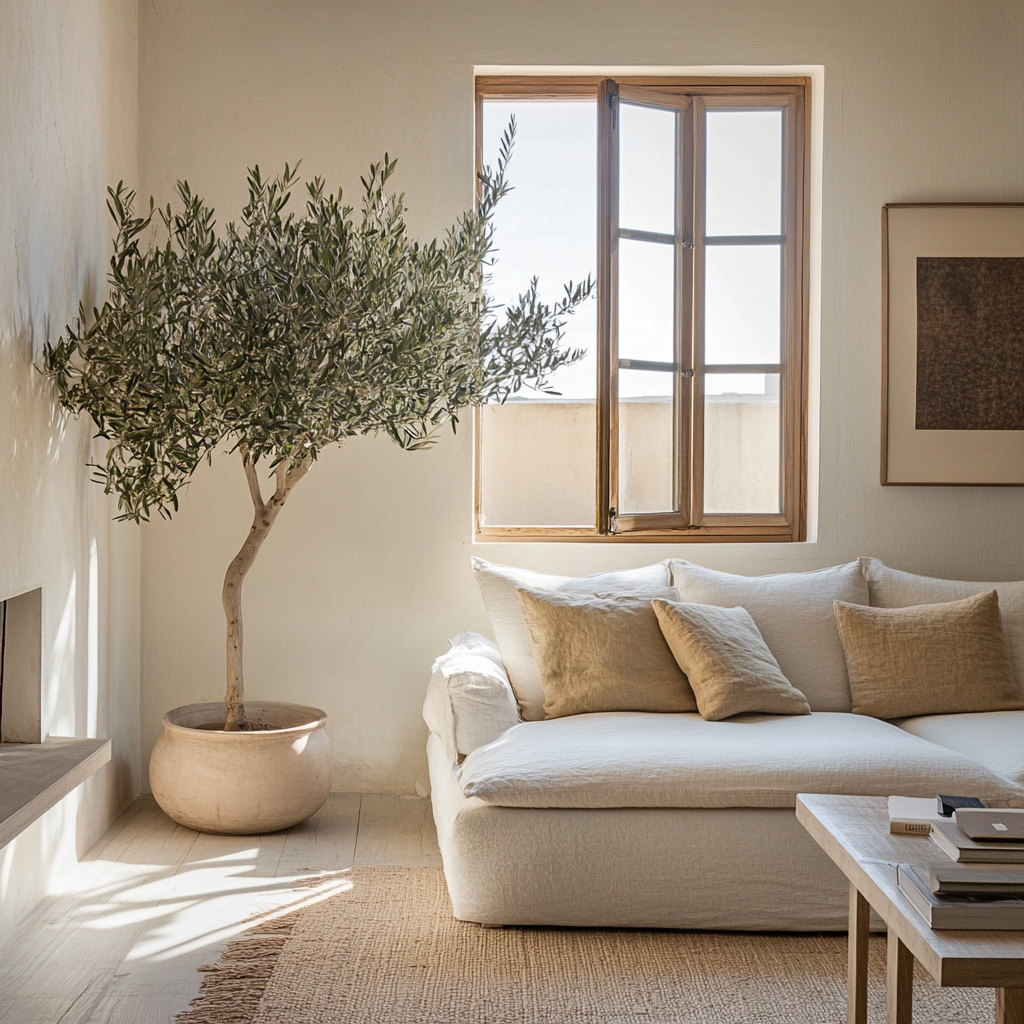 A bright and airy living room with an olive tree by the window.