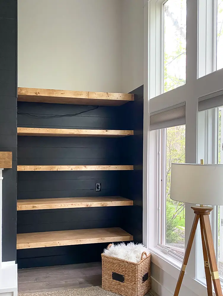 Empty floating shelves in a living room