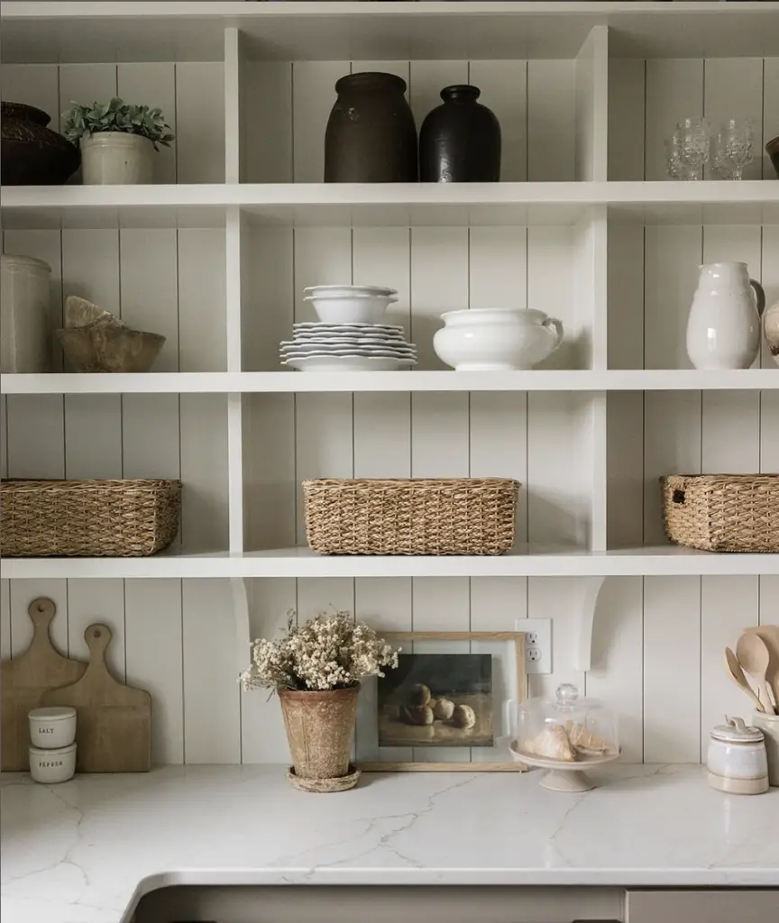 Bookshelves over countertops.