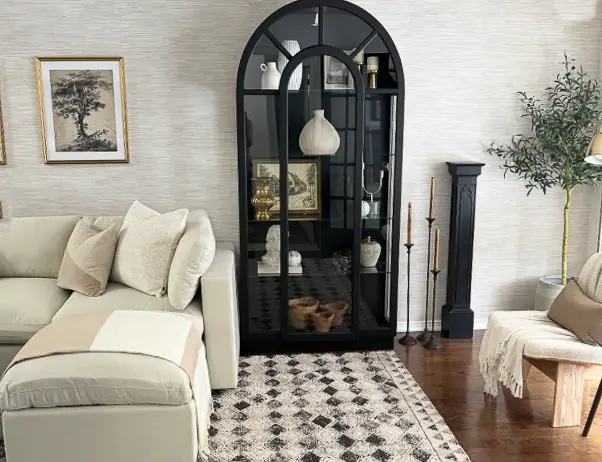 Arched bookshelf in a living room