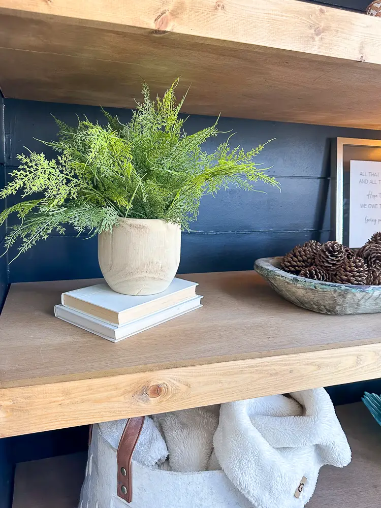 Faux plant on top of stacked books for decorate a bookshelf post.