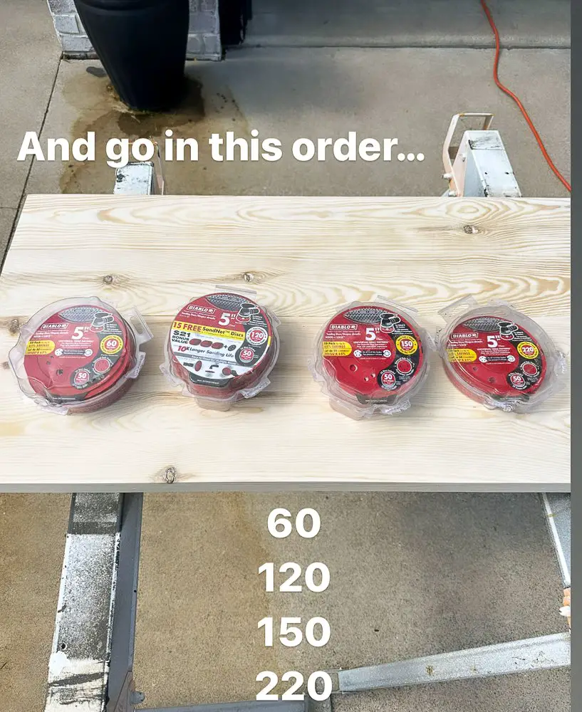 4 different grits of sandpaper lined up on a table.