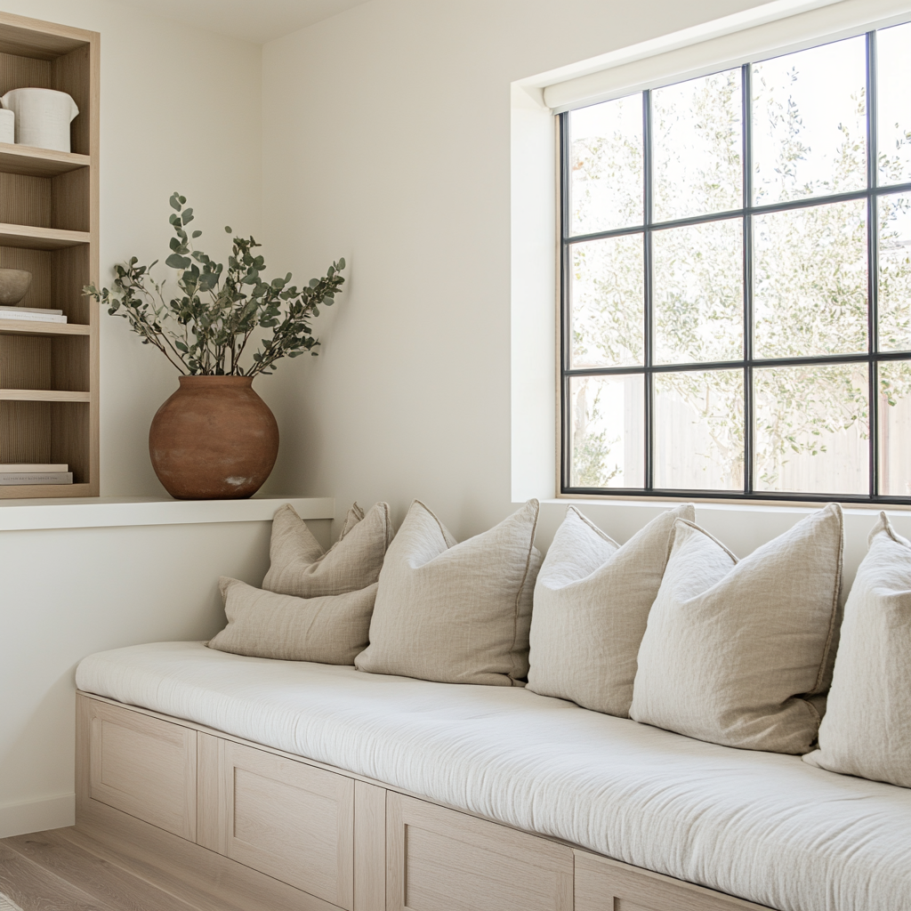 A bench seat in a living room. Neutral wall color. Lots of pillows. Open shelving.