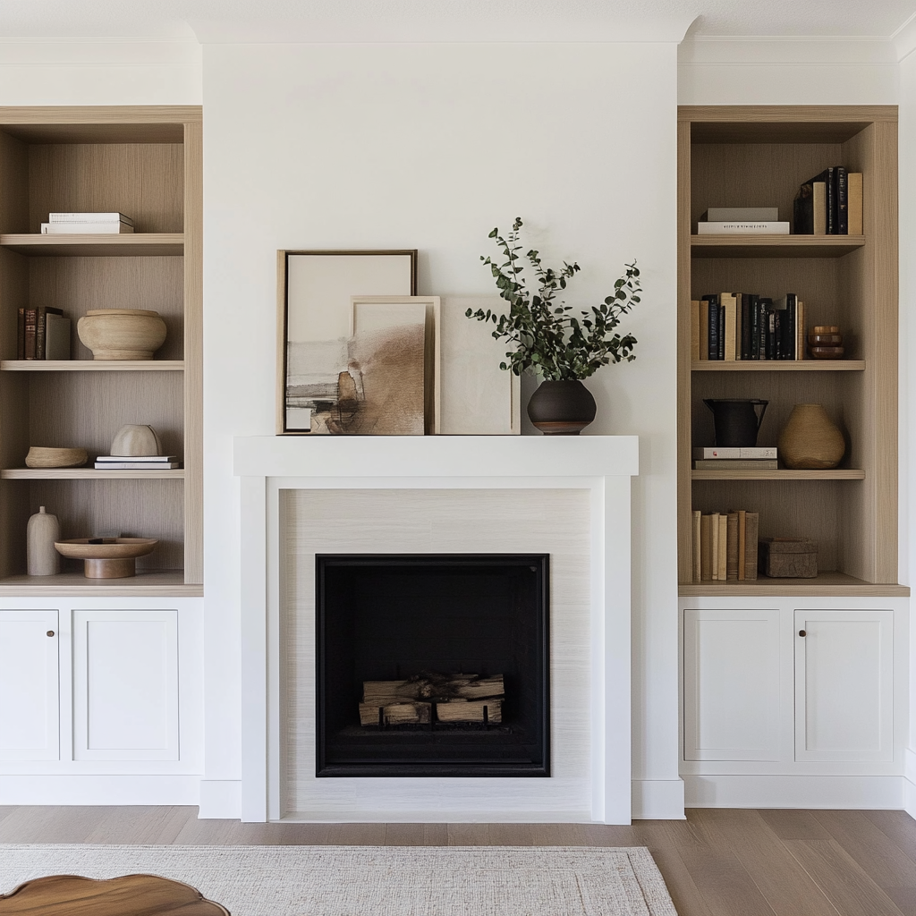 Fireplace with built ins on both sides. Shelves styled.