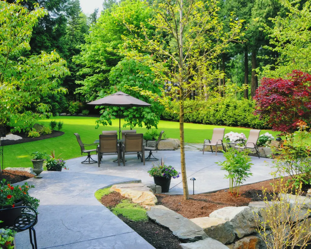 Well landscaped backyard.