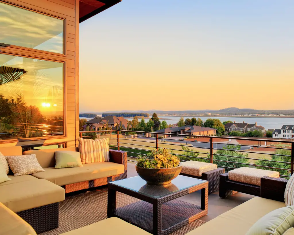 Sun cascading down on an outdoor seating area.