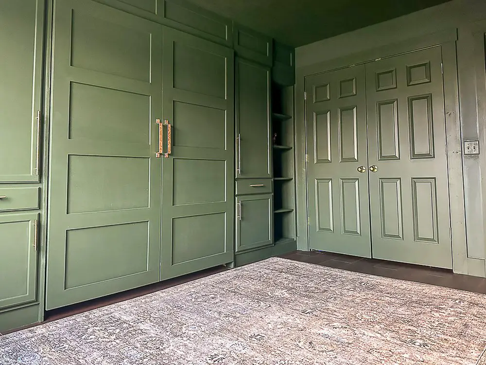Dark green doors with a rug on dark wood floors for Murphy bed benefits post.