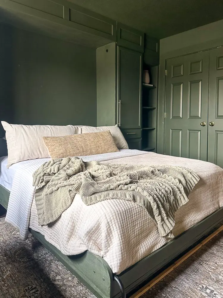 Murphy bed all made up with beautiful neutral color bedding for the Home Office Guest Room Reveal