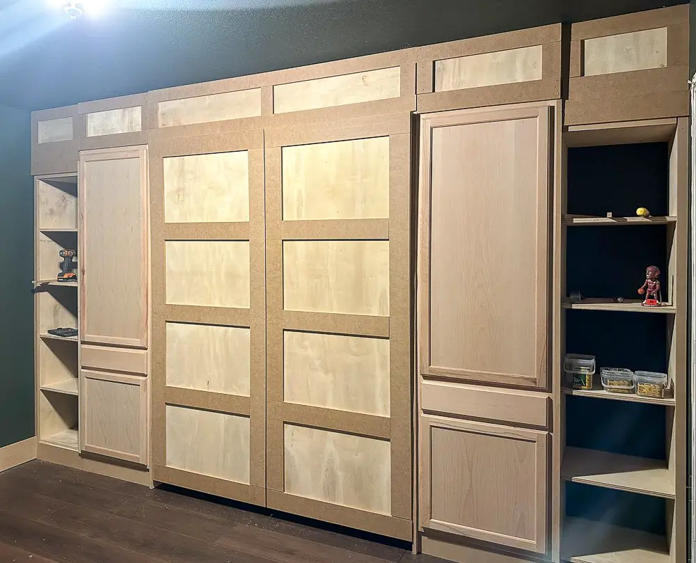 A wall of cabinets trimmed out.