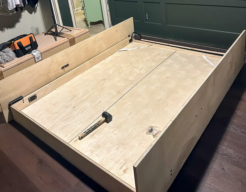 Murphy bed frame being built.