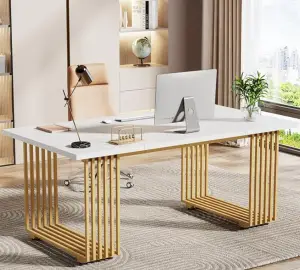 white desk with gold accents.
