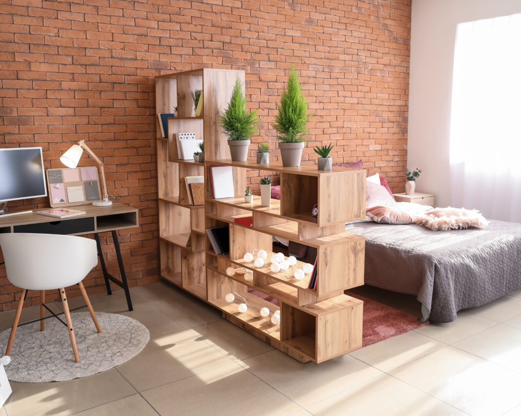 Bed in a studio apartment.