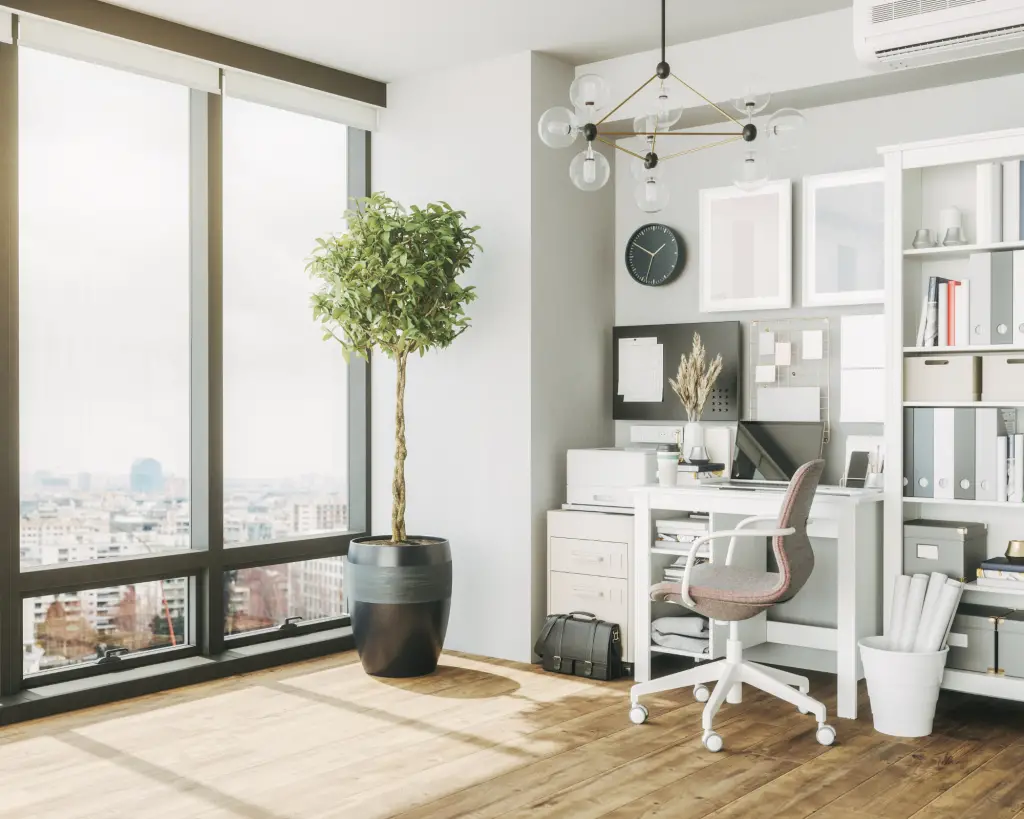 Large windows in a home office.