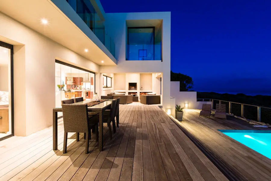 Nighttime view of a deck.