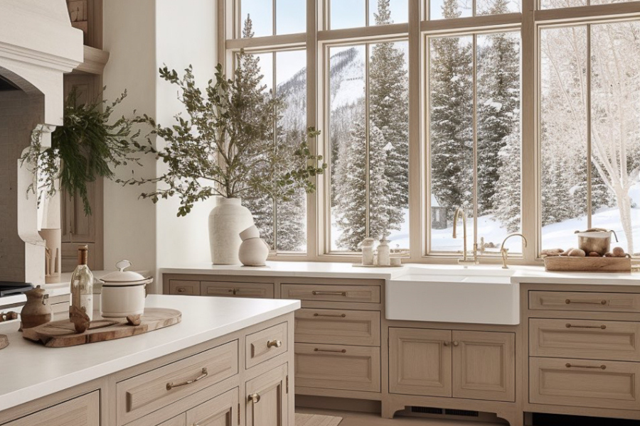 Large kitchen windows behind a kitchen sink for what color to paint your interior trim post.