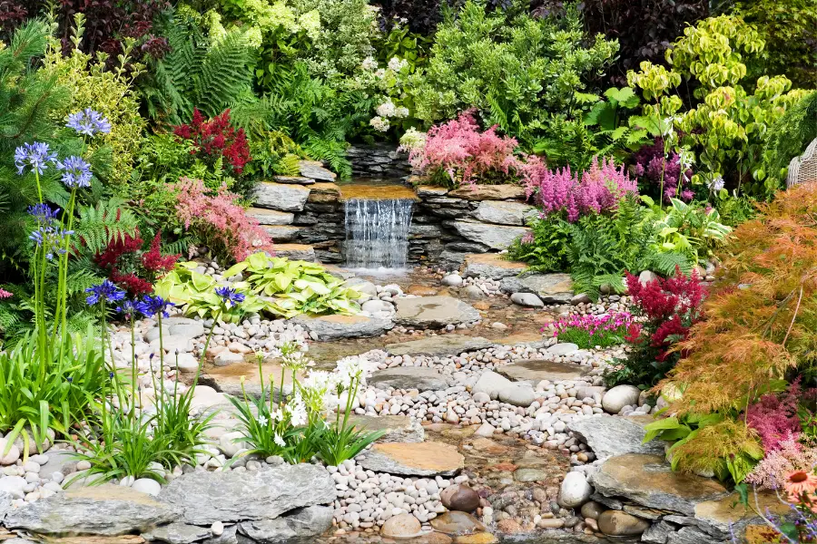 Backyard with a water feature.