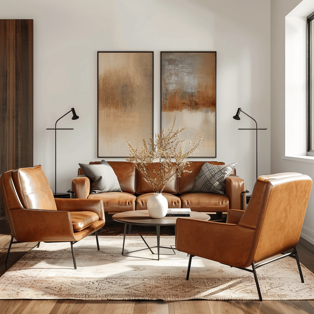 Modern organic living room with leather furniture: a leather sofa and leather chairs.