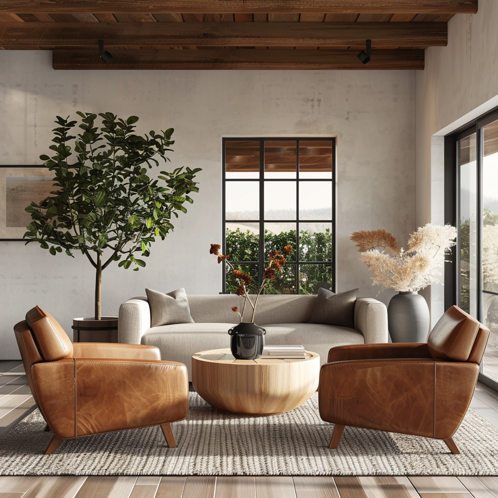 A modern organic living room with leather furniture: a fabric sofa and 2 leather chairs facing a modern coffee table.