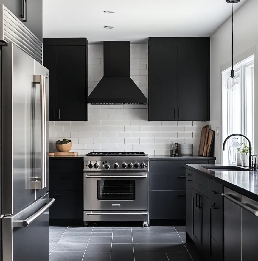 Dark, moody kitchen with black cabinets and stainless steel appliances.