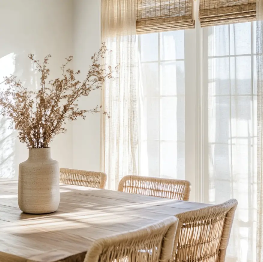 A dining room with a wooden table and chairs.