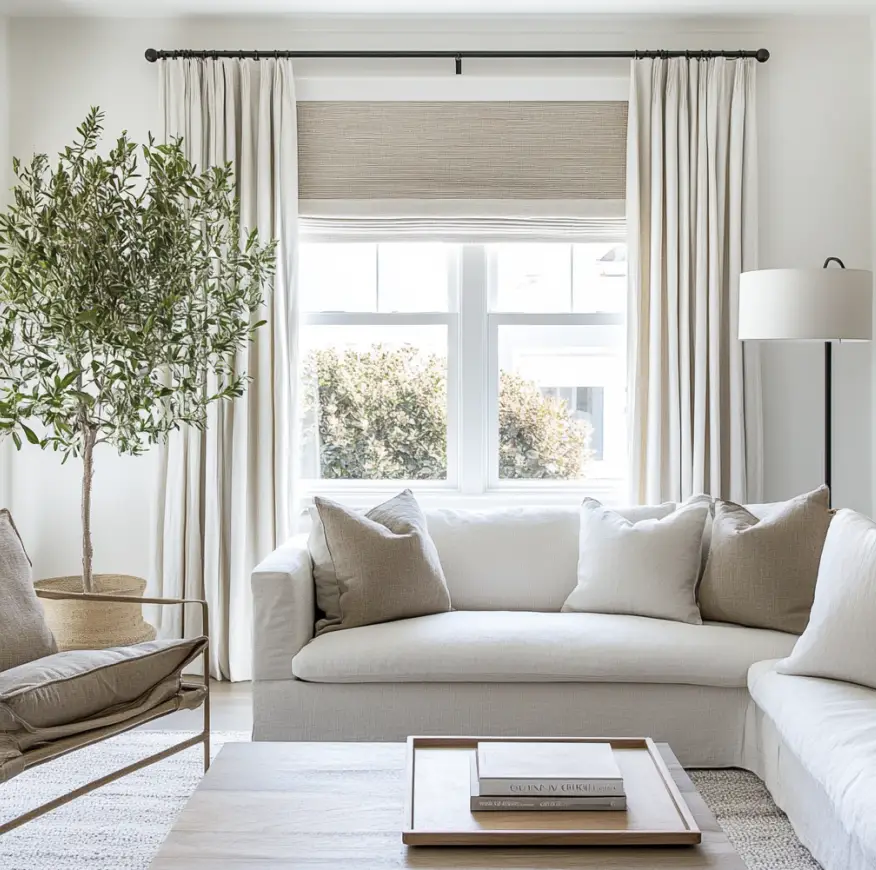 A living room with large windows, a sofa, and a faux tree.