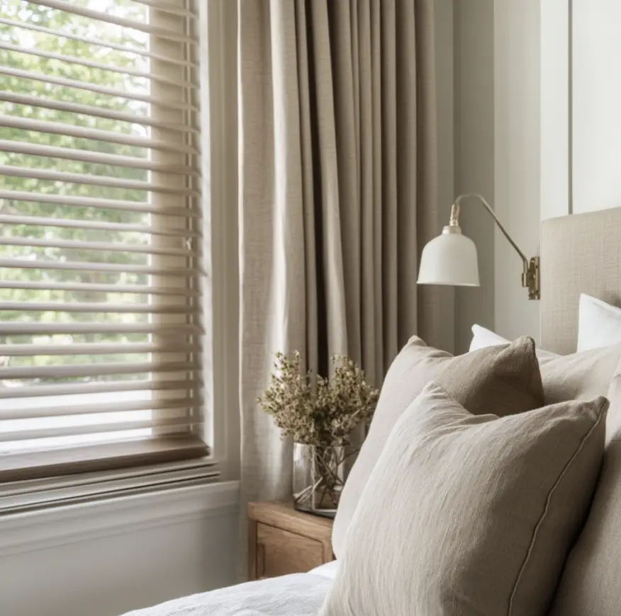 A master bedroom with 2 accent pillows and neutral linens.