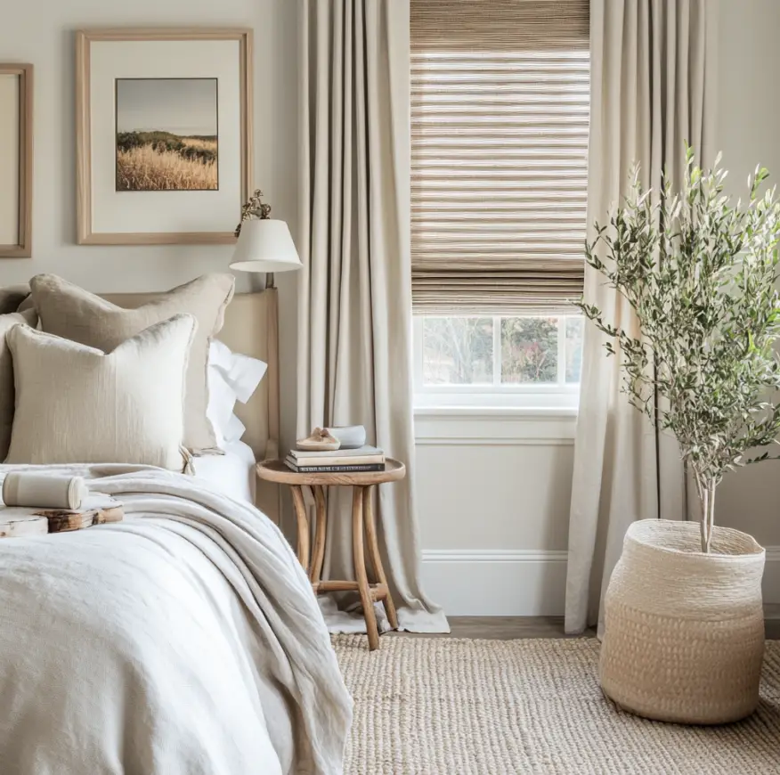 A master bedroom with neutral linens, 2 pictures and a faux tree.
