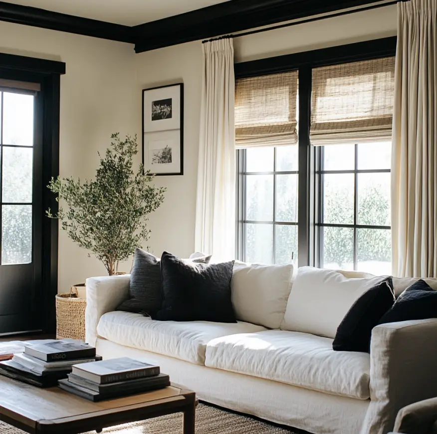 A living room with sofa and accent pillows.