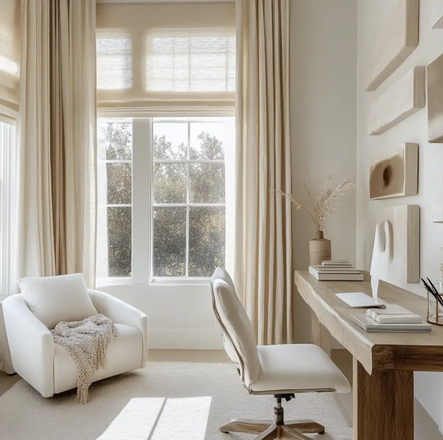 A home office with large picture windows, a wooden desk, and a desk chair.