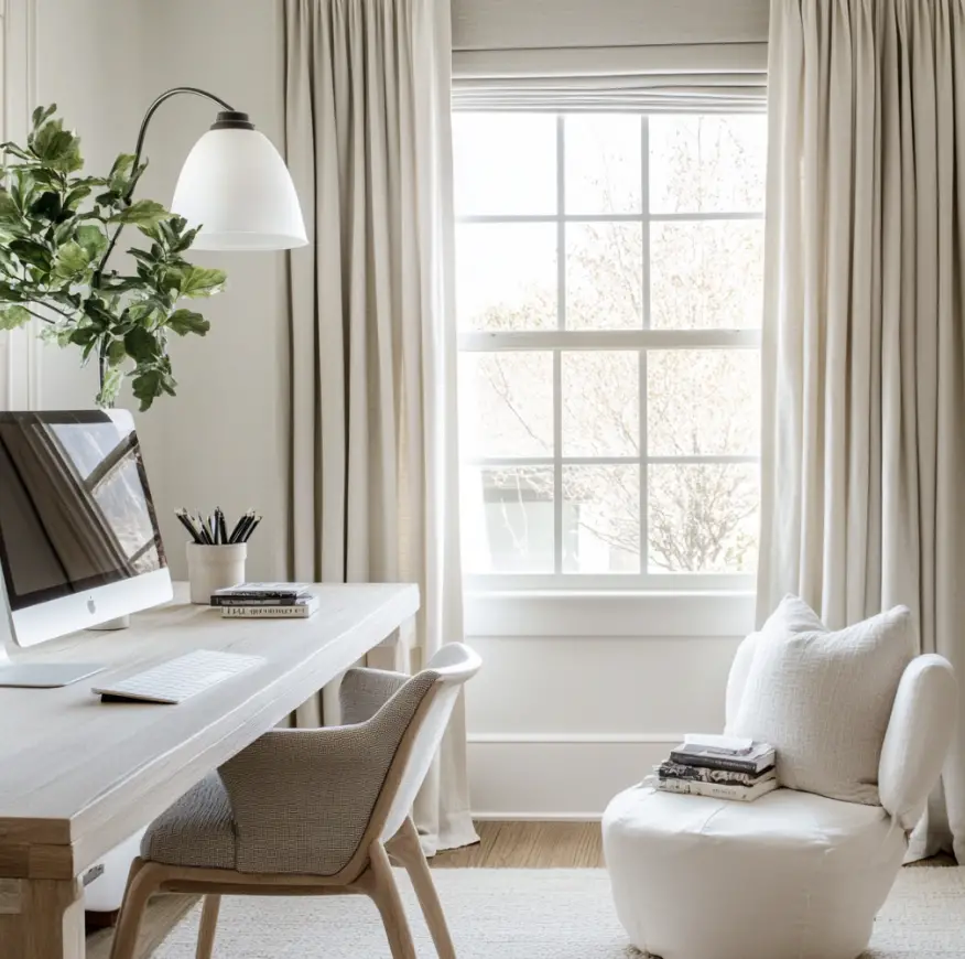 A home office with layered curtains for Hang Blinds and Curtains Together post.