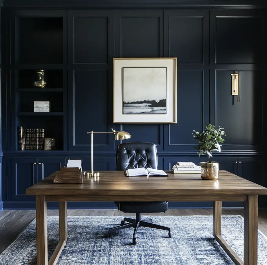 A beautiful home office color drenched in Moscow Midnight paint.
