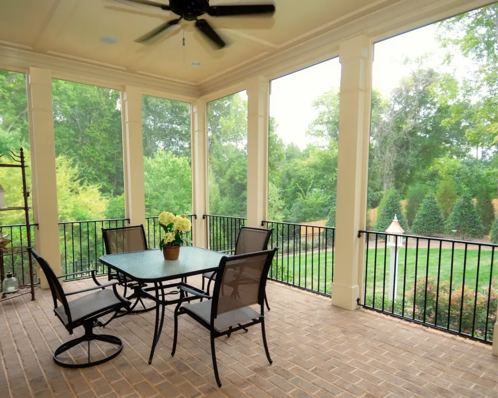 Open patio with screens overlooking a grassy area.