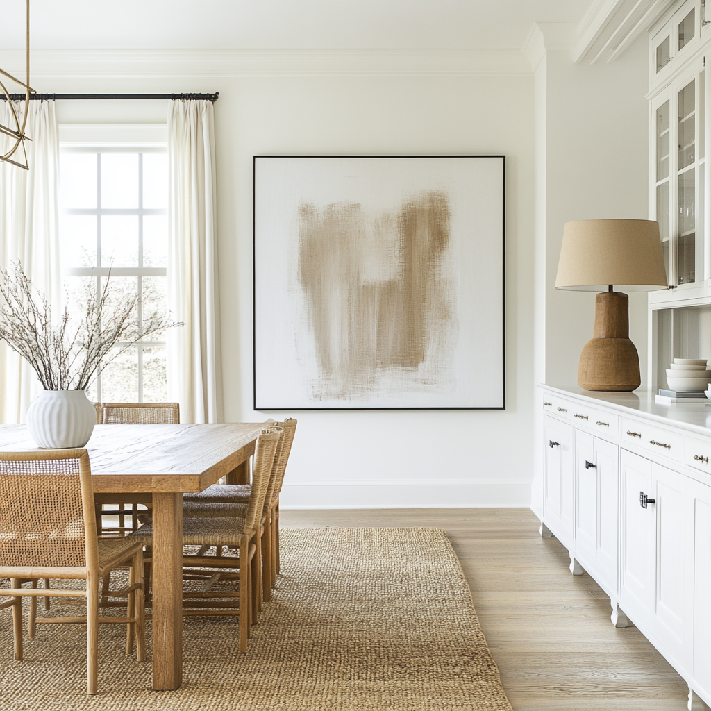 Dining room with cabinets along one wall and a large canvas artwork on adjacent wall.