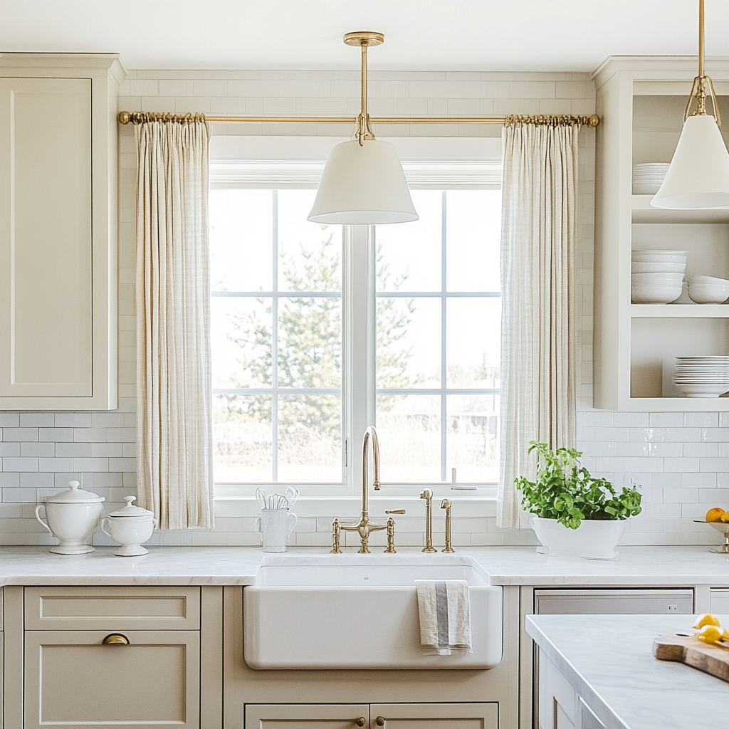A large window over a kitchen sink with cafe style curtains.