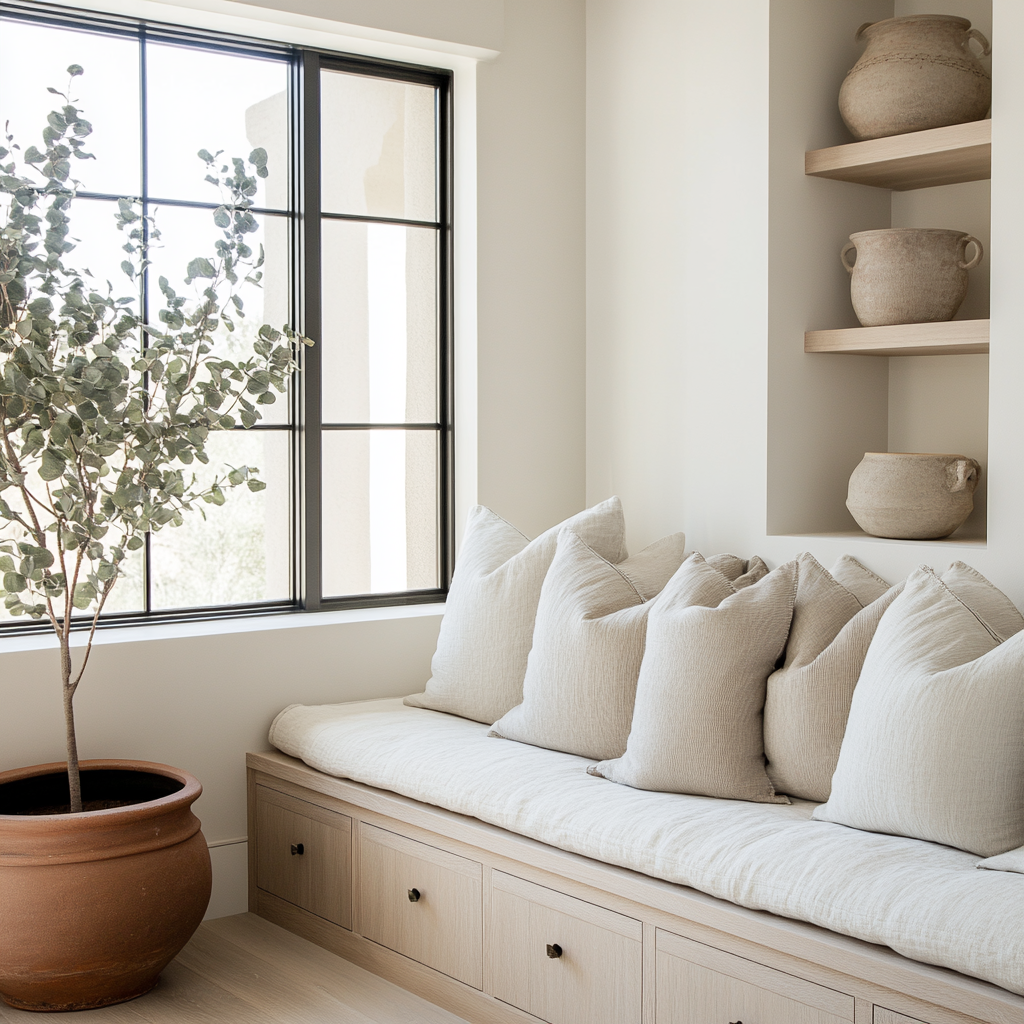A living room with a long bench, neutral cushion and pillows.