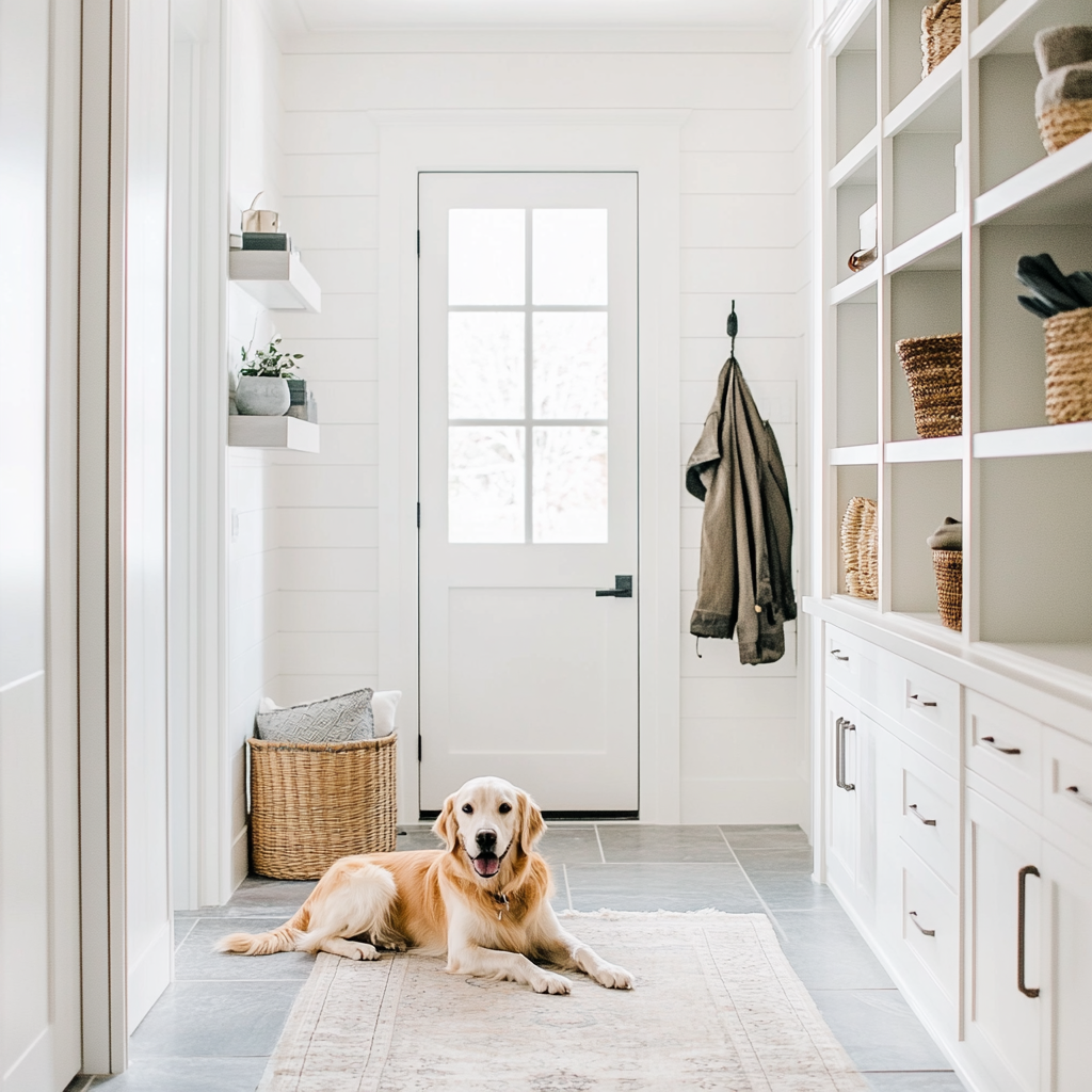 A dog in a mudroom.
