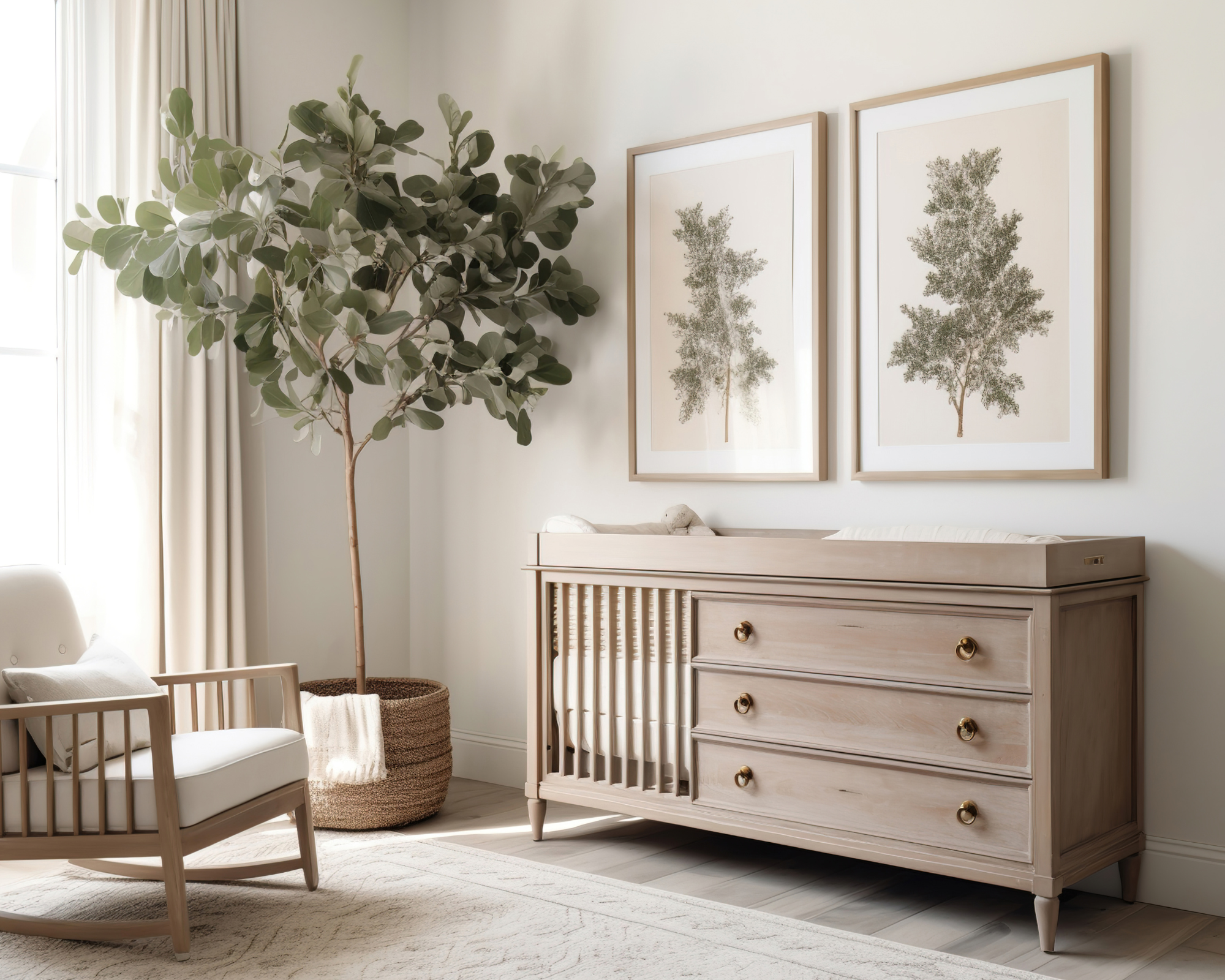 nursery with a dresser and rocking chair.