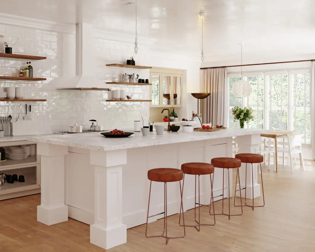 Large Kitchen with lots of bar seating.