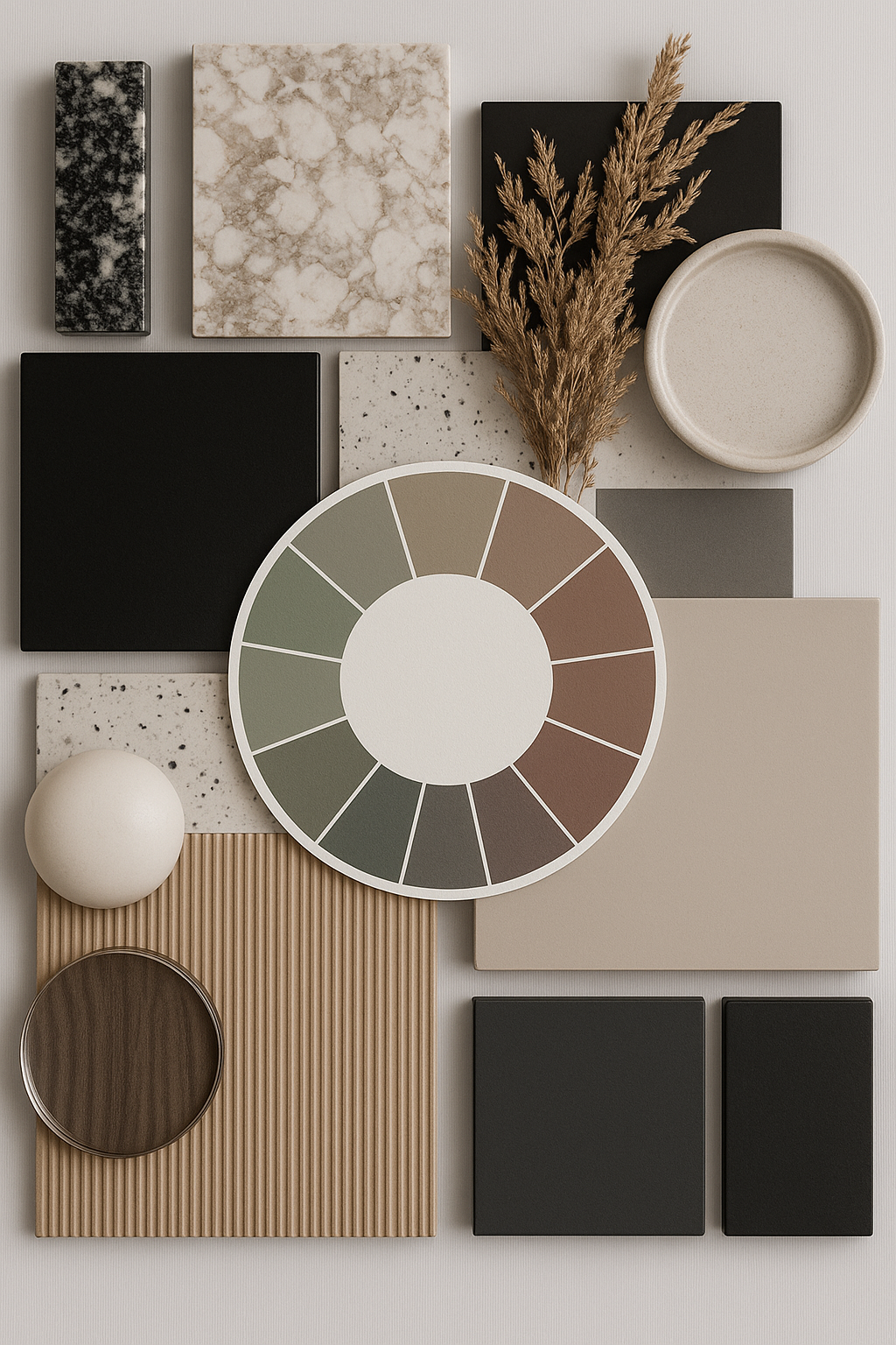 A moodboard with a muted color wheel and samples