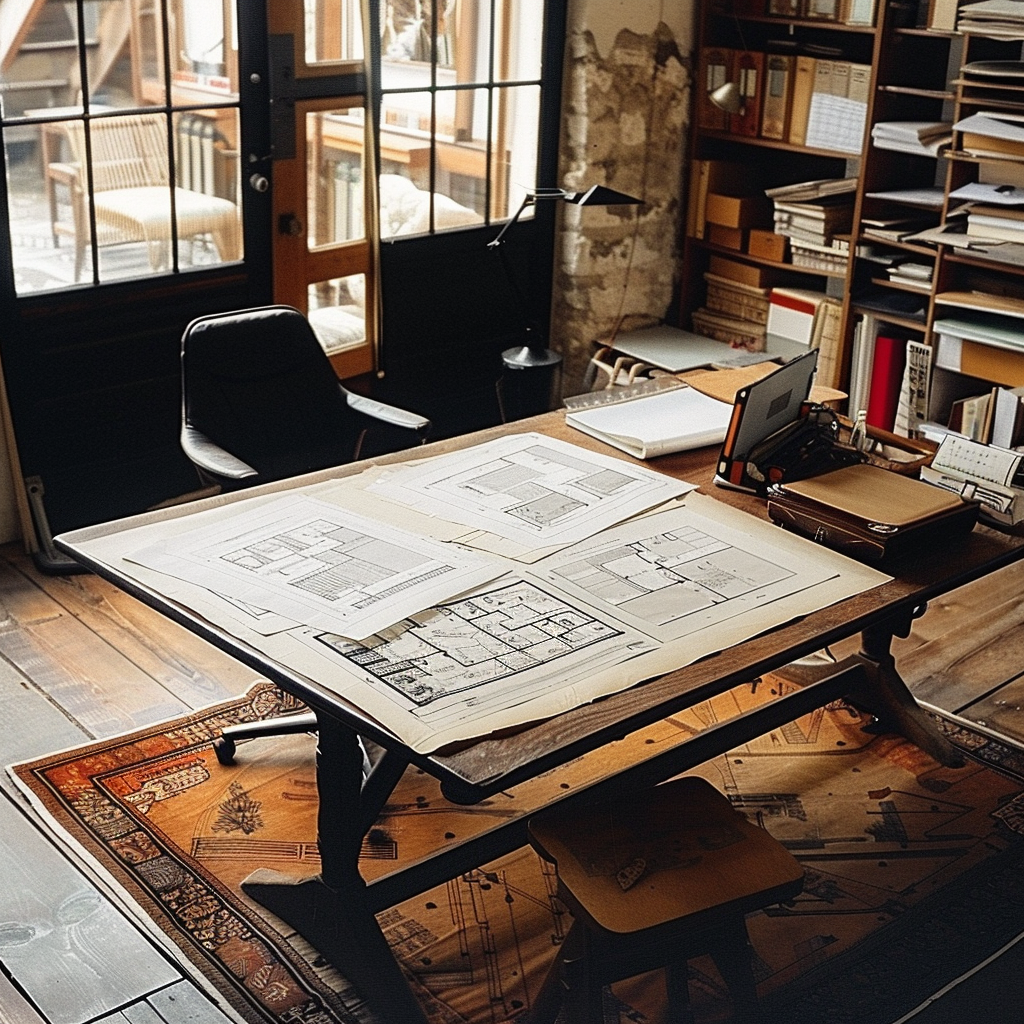 Floor plans on a desk in an office.
