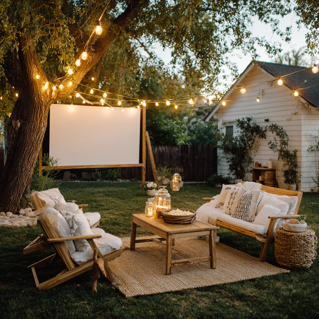 Backyard movie night setup.
