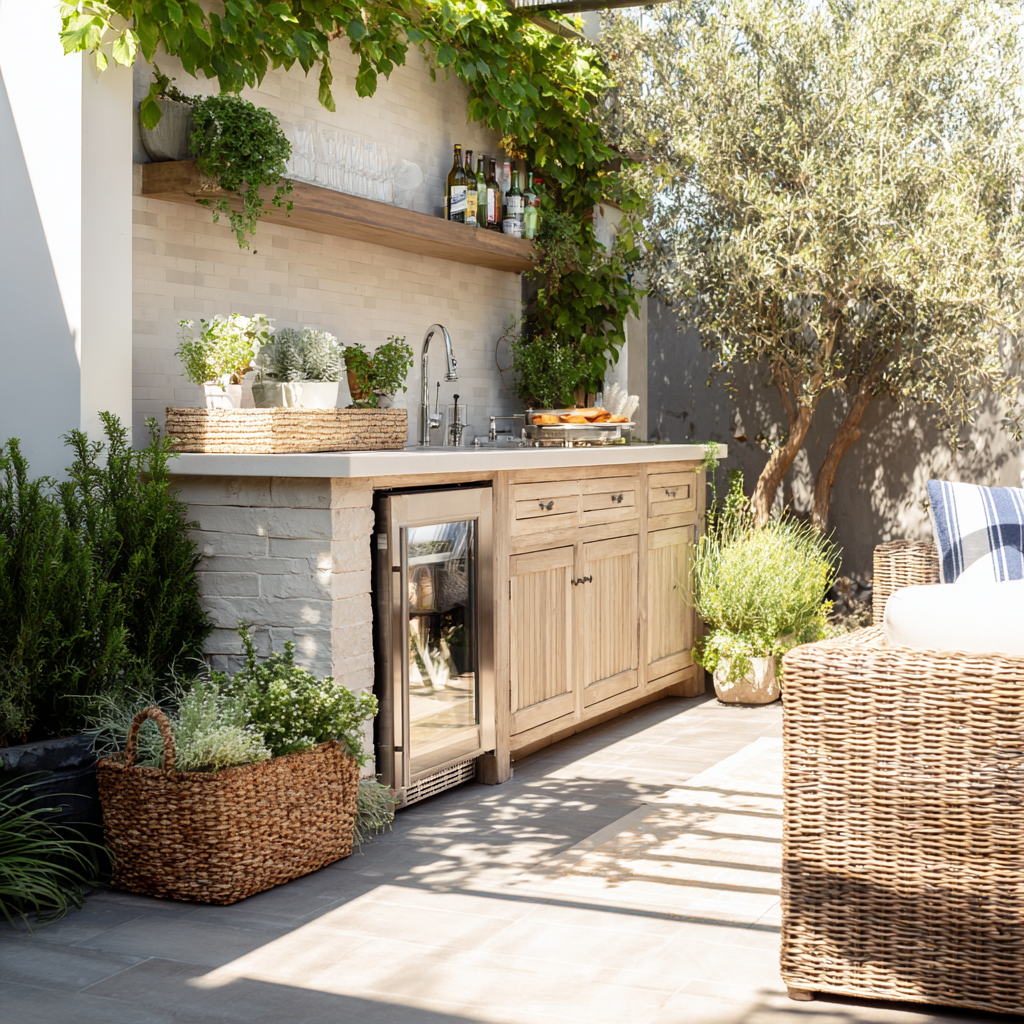 Outdoor kitchen with a drink station.